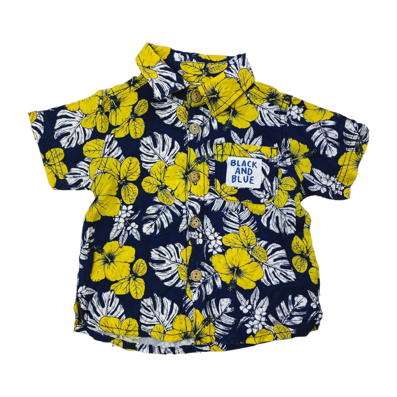 Camisa manga corta azul con flores amarillas