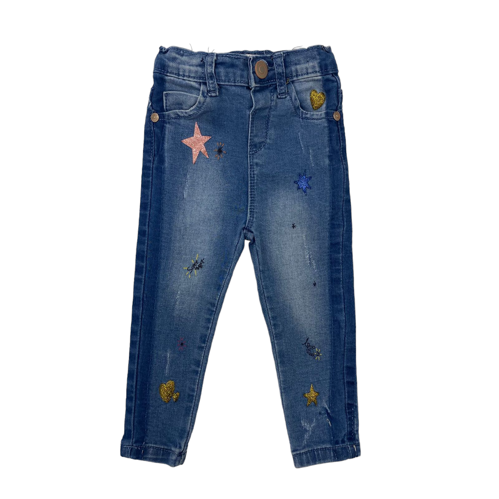 Pantalon de mezclilla con estrellas y corazones y bolsillos
