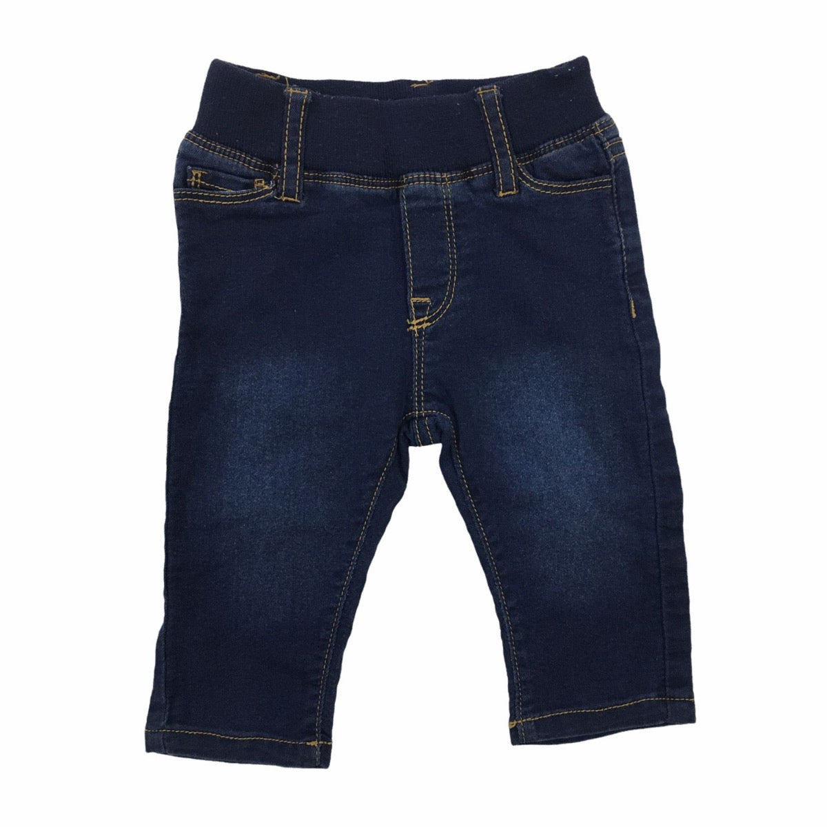 Jeans Azul Oscuro con Costuras Cafe y Cintura Elasticada