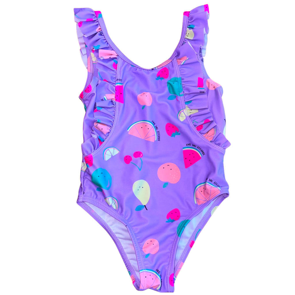 Traje de baño lila con encaje y diseño frutal