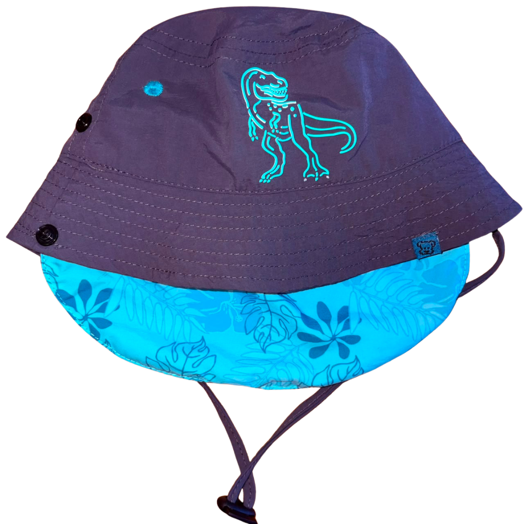 Gorro gris con verde agua y bordado de dinosaurio