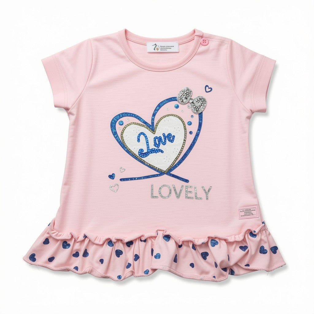 Polera manga cota rosada diseño corazones "Love"