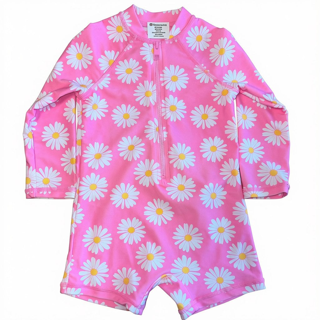 Traje de Baño manga larga rosado con flore de margaritas blancas