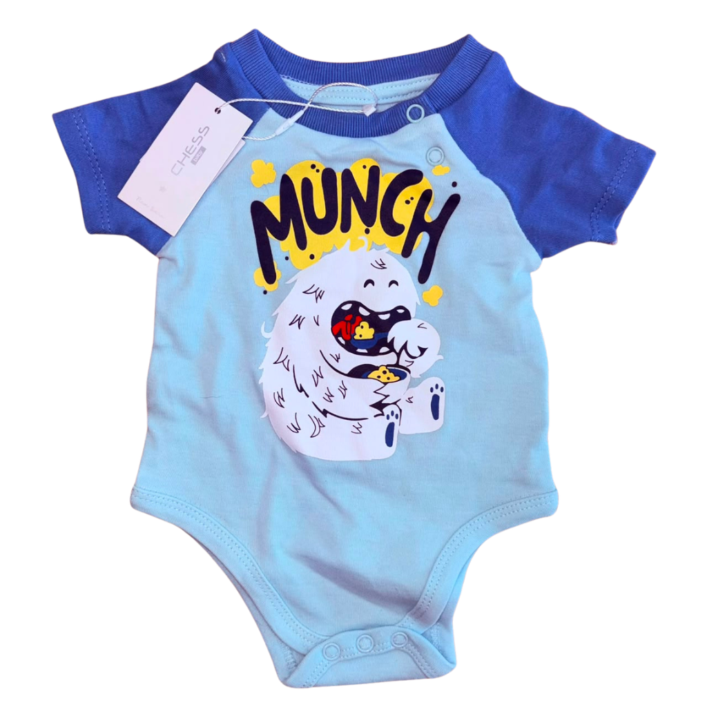 Body manga corta azul pastel diseño monstruo blanco