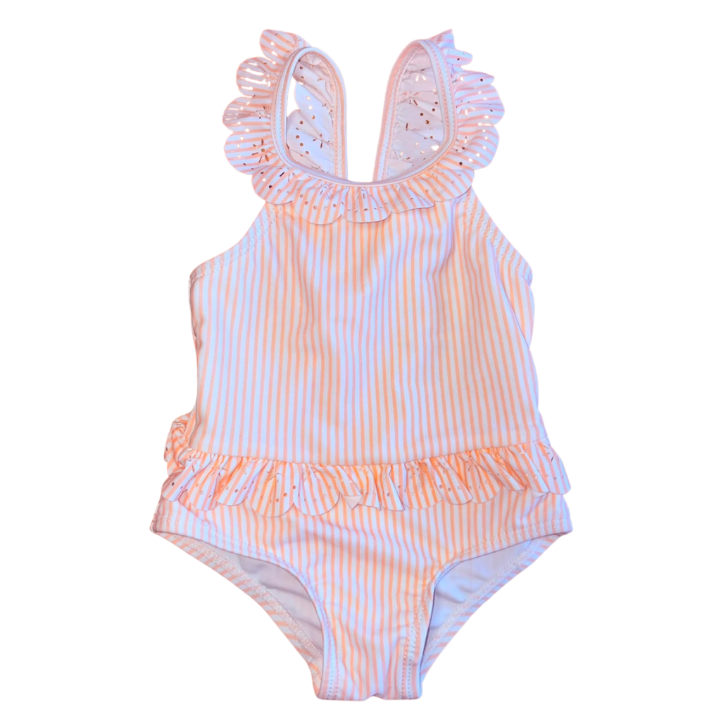 Traje de baño blanco con diseño de rayas rosado pastel y encaje