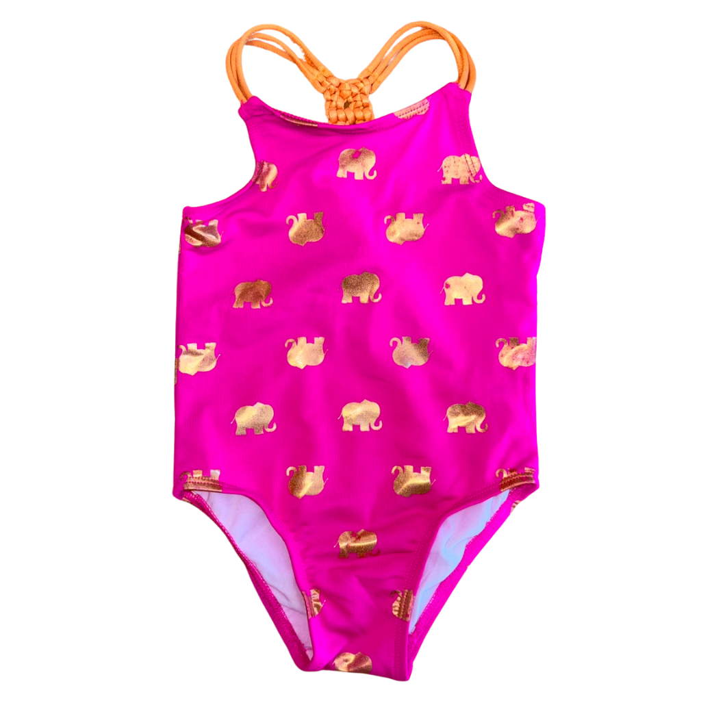 Traje de baño fucsia con diseño de elefantes dorados