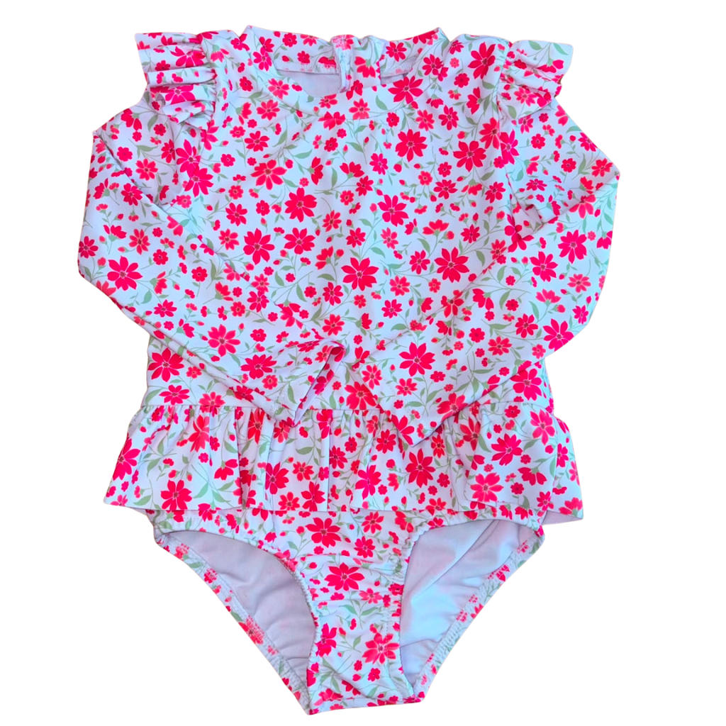 Traje de baño manga larga blanco con diseño de flores rosadas