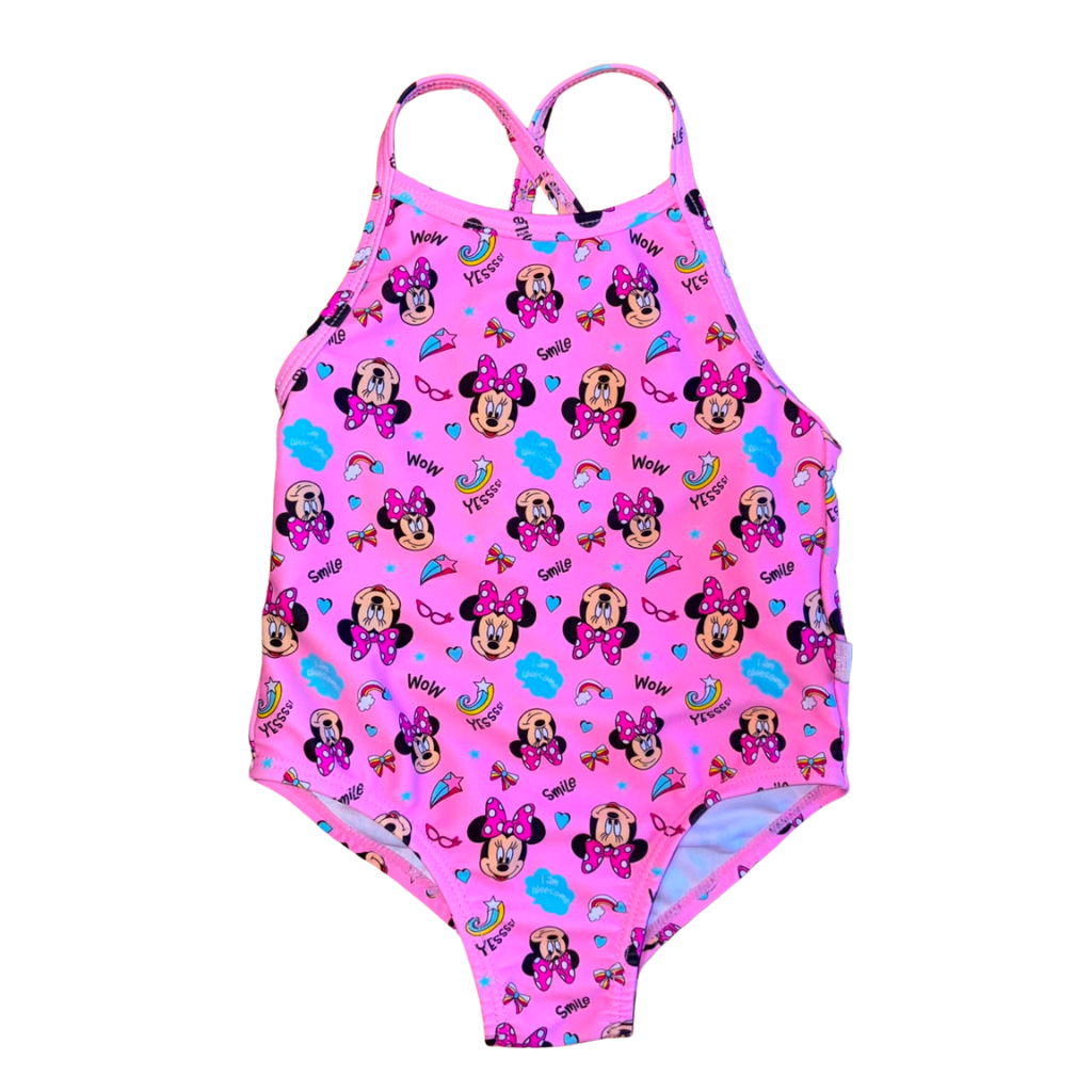 Traje de baño rosado con diseño de Minnie Mouse