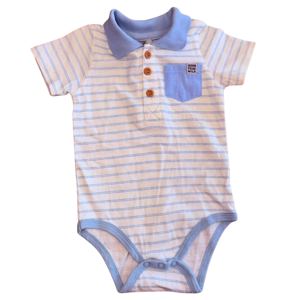 Body manga corta blanco con cuello y rayas azul claro