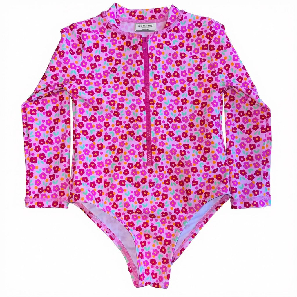 Traje de Baño manga larga con flores fucsias y rosadas