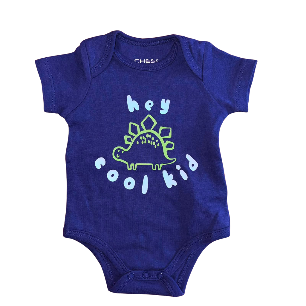 Body azul marino con estampado de dinosaurio "Hey cool kid"