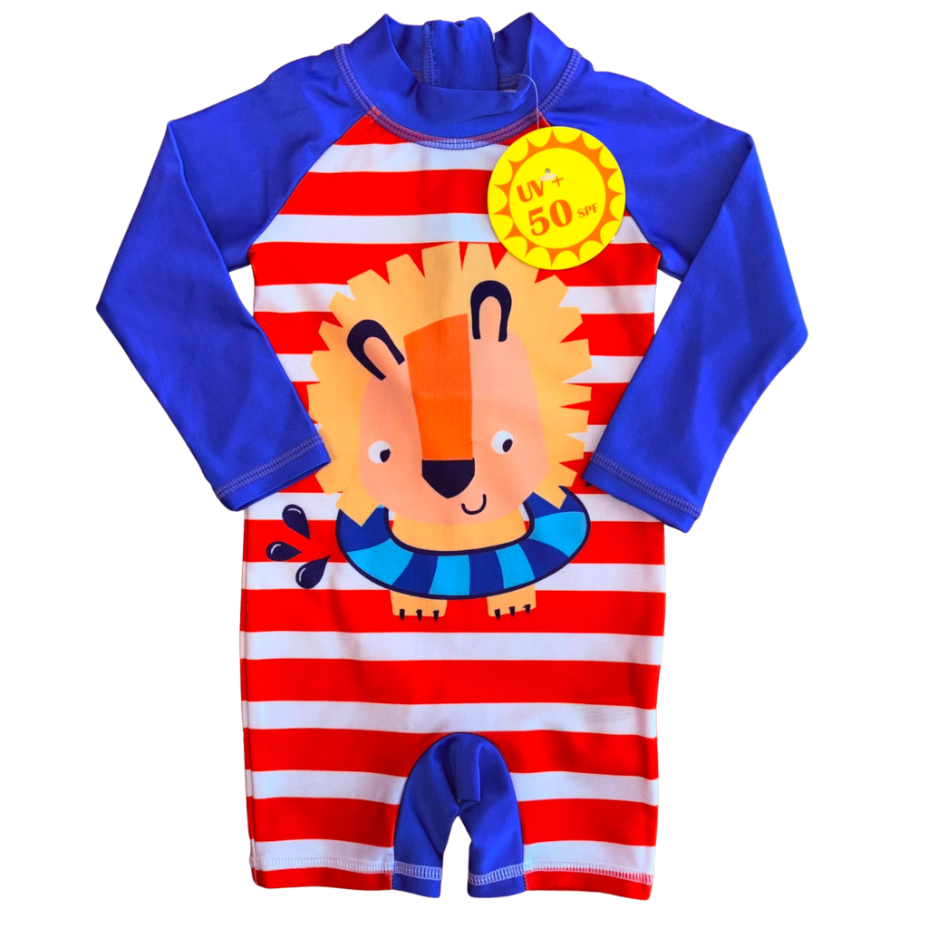 Traje de baño etiqueta con estampado de leon y diseño de rayas naranjas