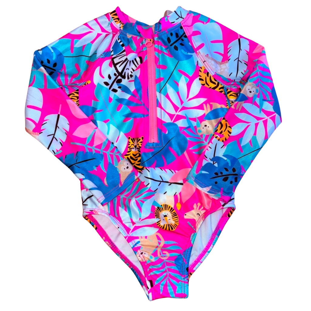 Traje de baño manga larga rosado con diseño de animales y hojas de colores