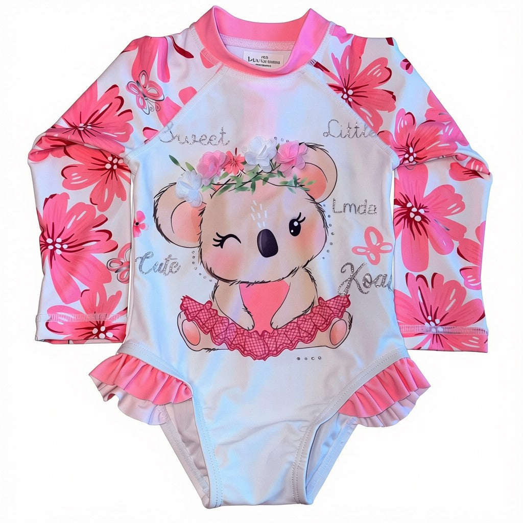 Traje de Baño manga larga Blanco con rosado con Flores diseño Koala