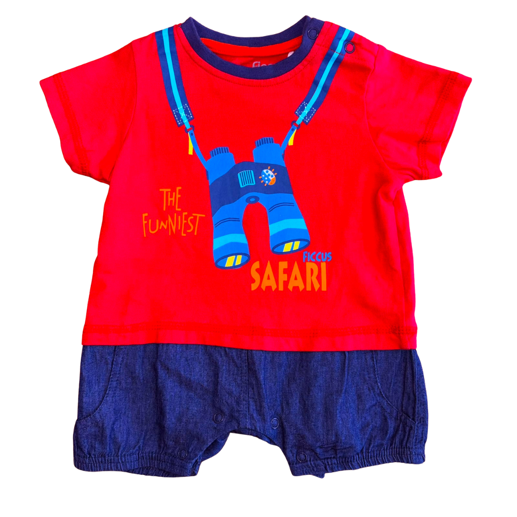 Enterito rojo con azul y estampado de binoculares "Safari"