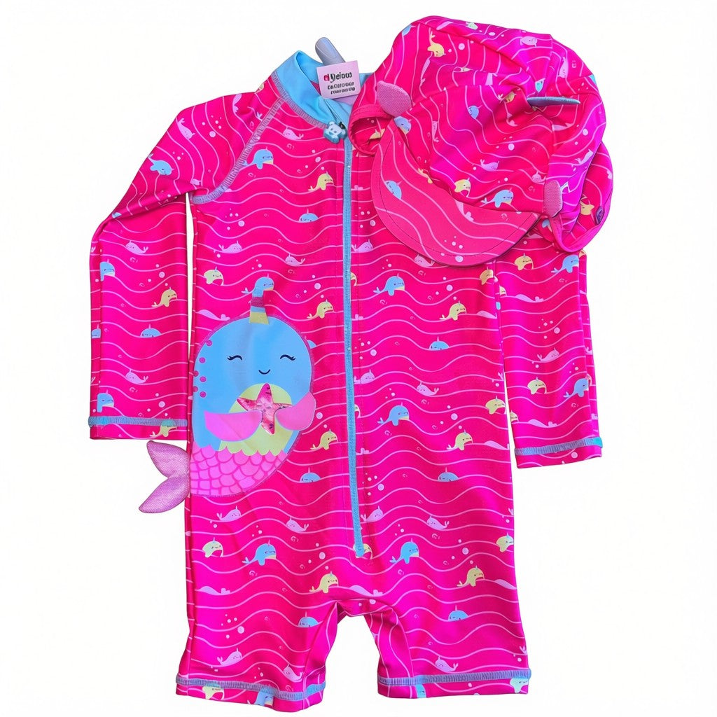 Traje de Baño manga larga rosado con diseño de ballenas con gorro
