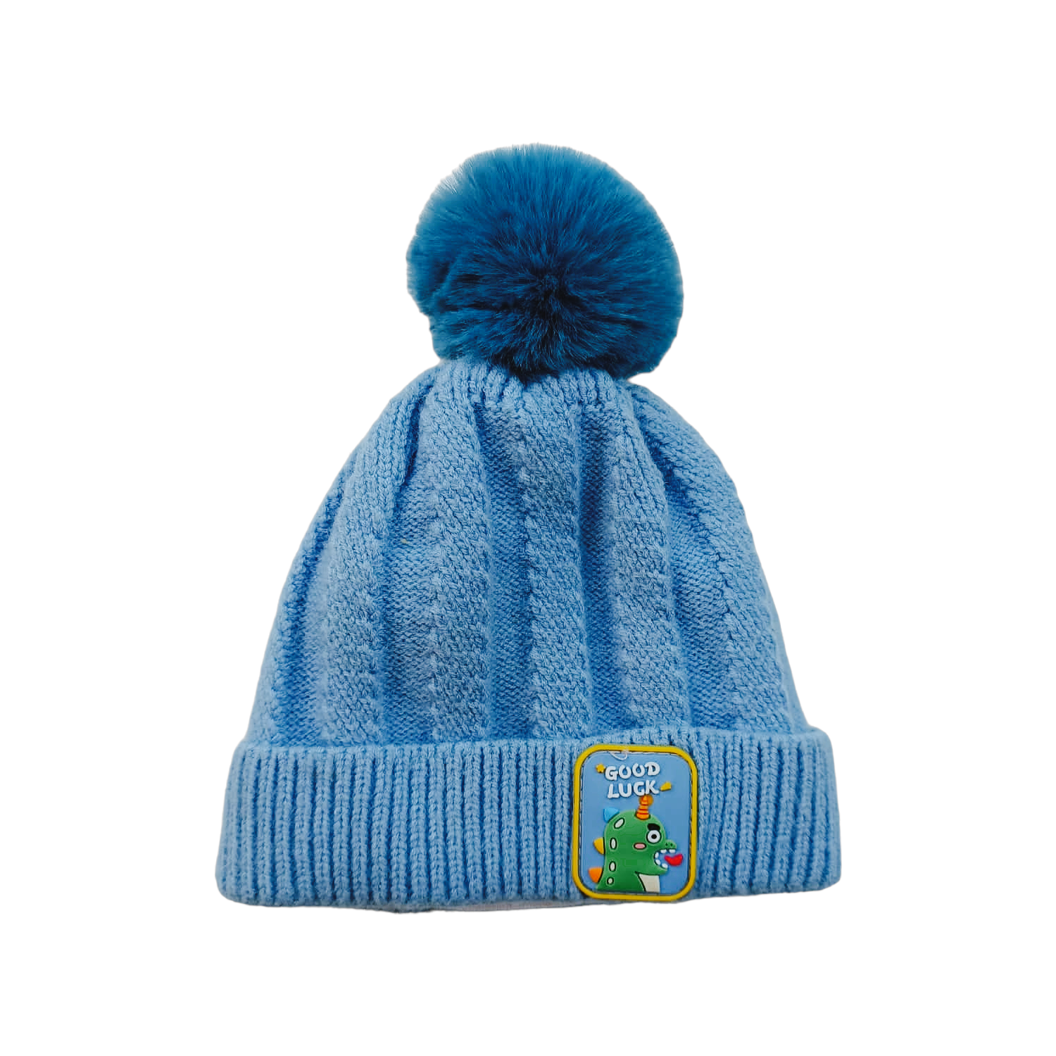 Gorro tejido azul con dinosaurio