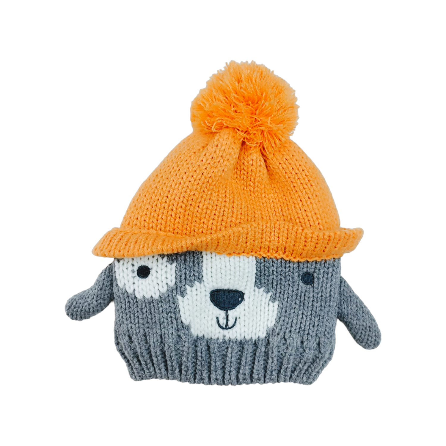 Gorro tejido gris y naranjo