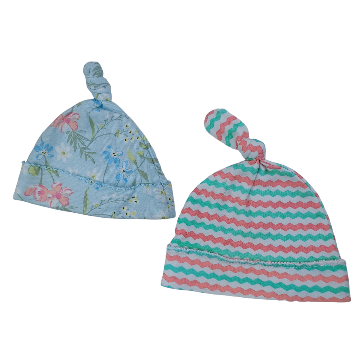 Pack de 2 Gorritos de algodon verde floreado y blanco con rayas