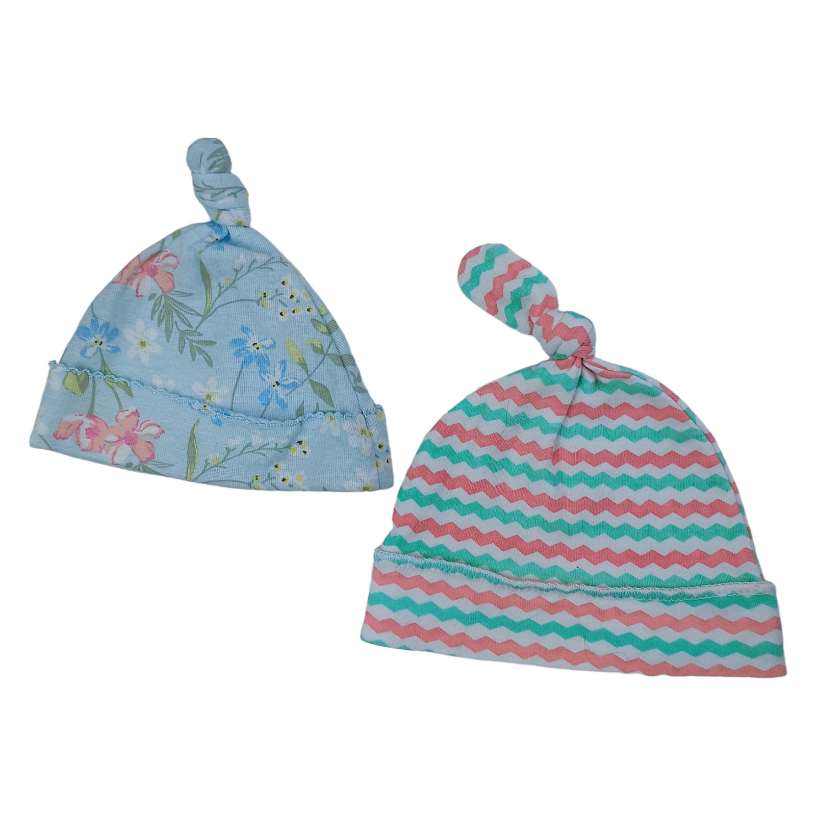 Pack de 2 Gorritos de algodon verde floreado y blanco con rayas