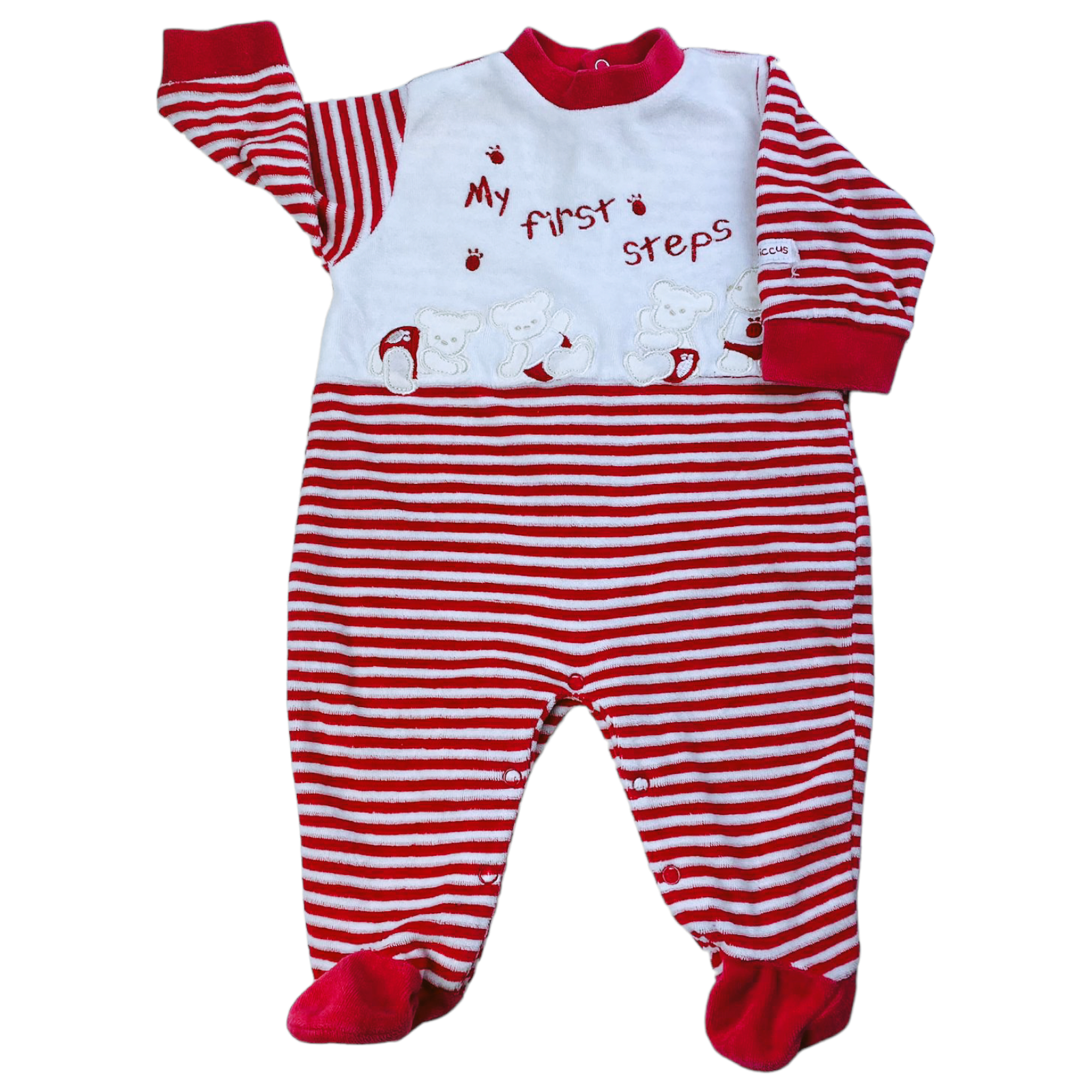 Osito de plush blanco con rayas rojas "MY First Stepts