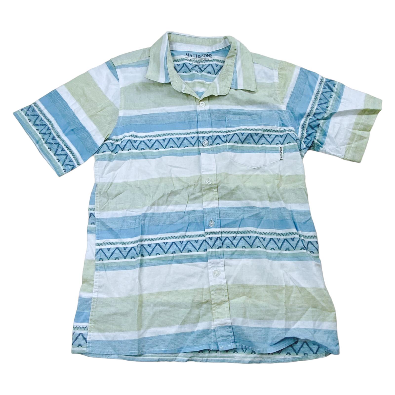Camisa manga corta con franjas azules, blanca  y cafe