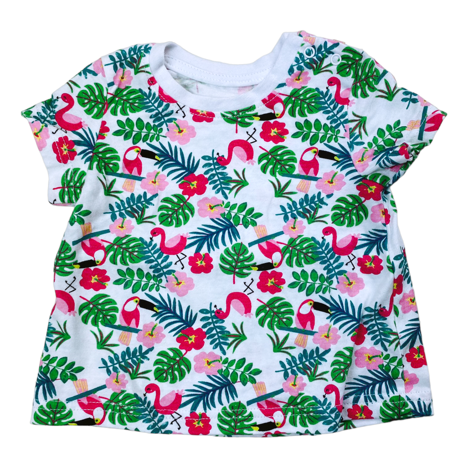 Polera manga corta blanca "Flamingos"