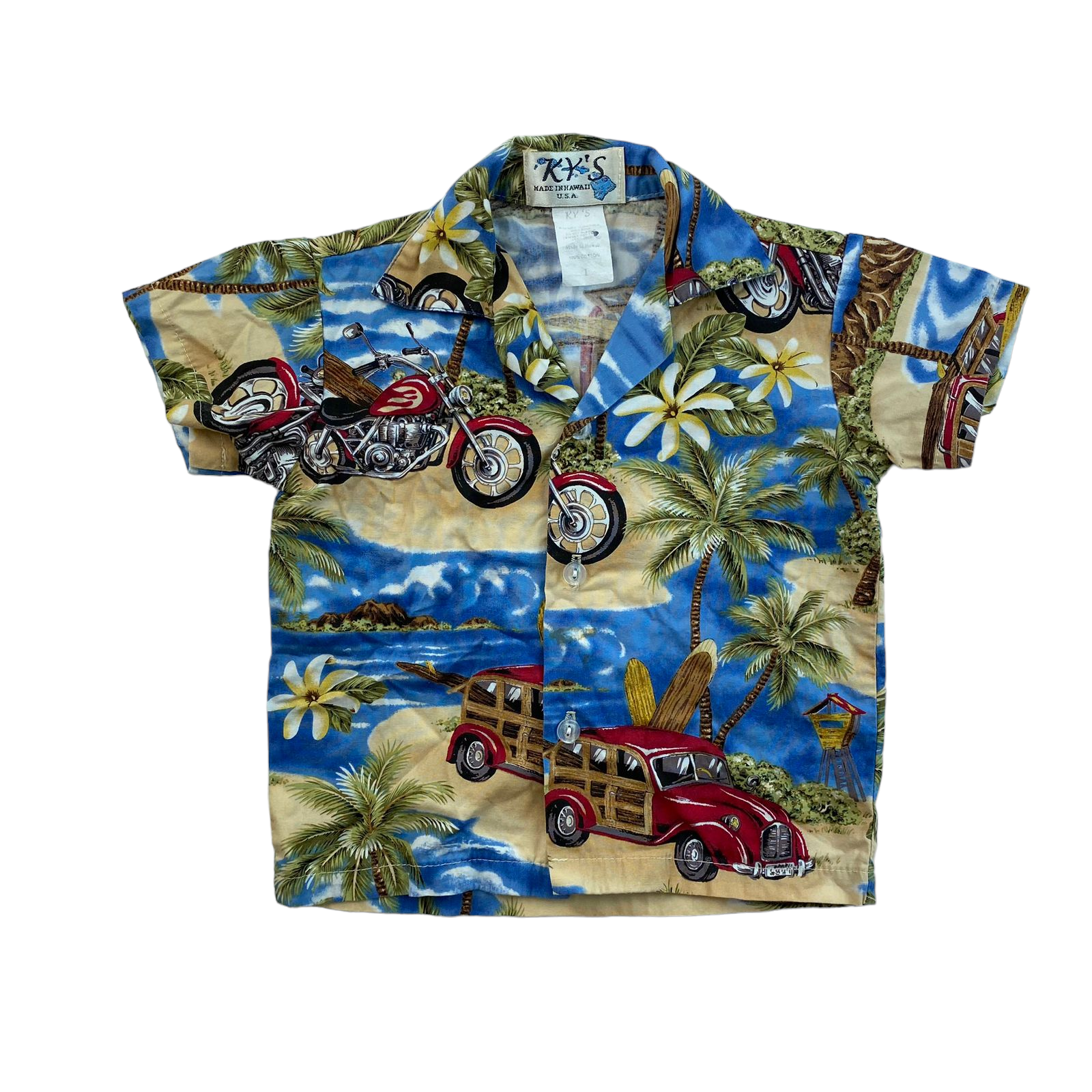 Camisa con diseño de playa palmeras y moto