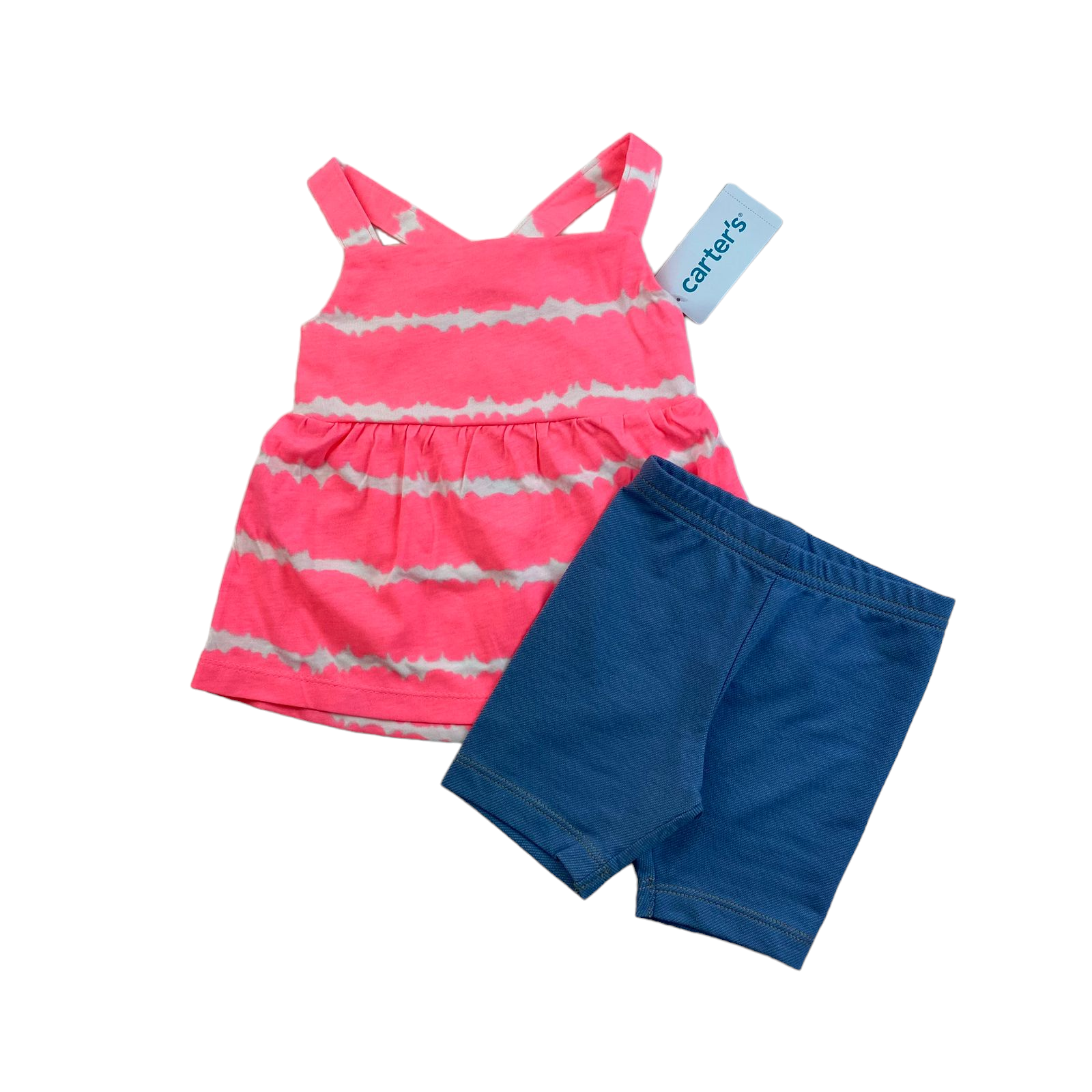 Conjunto de polera rosada neon con rayas blancas y short color celeste nuevo con etiqueta