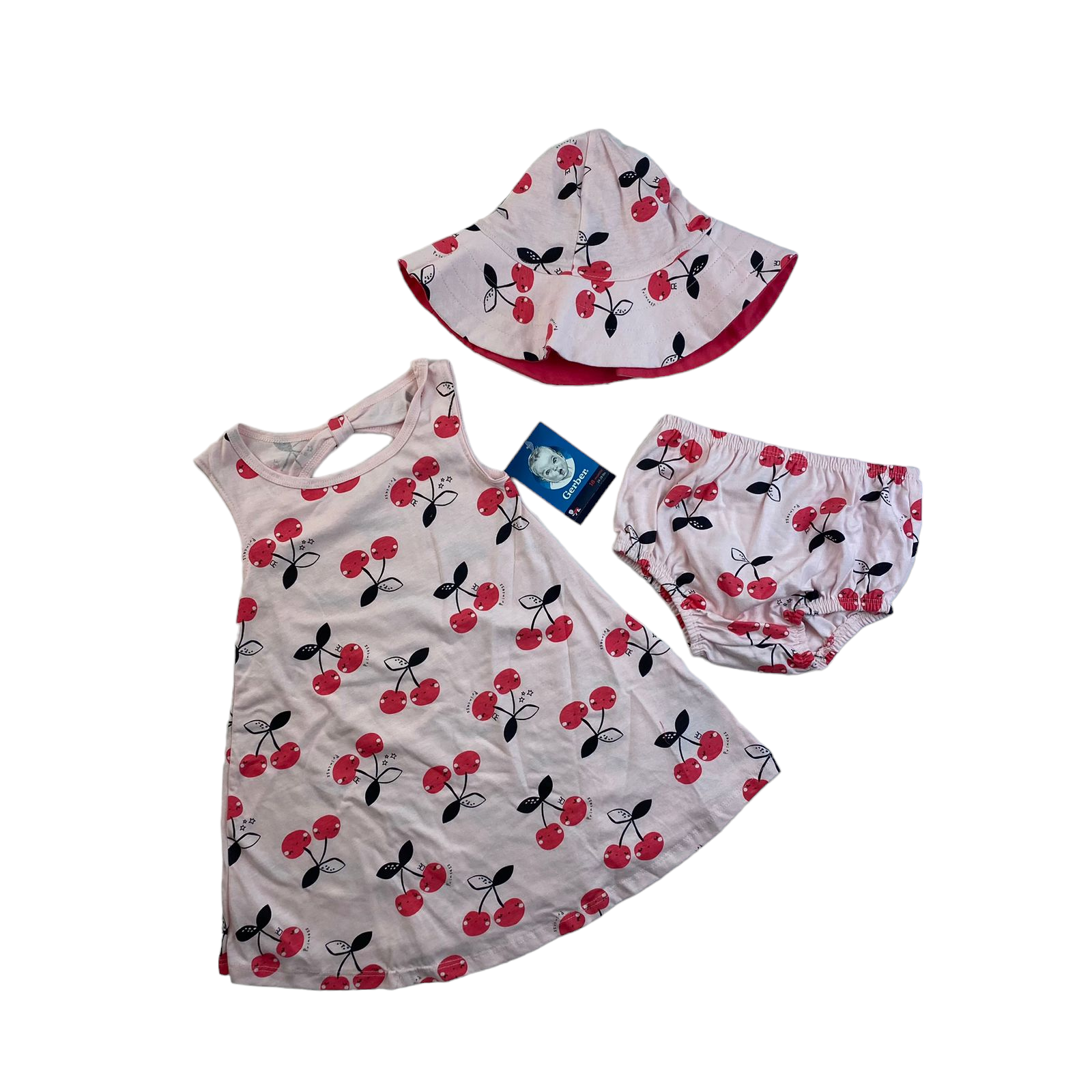 Conjunto de vestido rosado con cubre pañal y gorrito con diseño de cherry nuevo con etiqueta