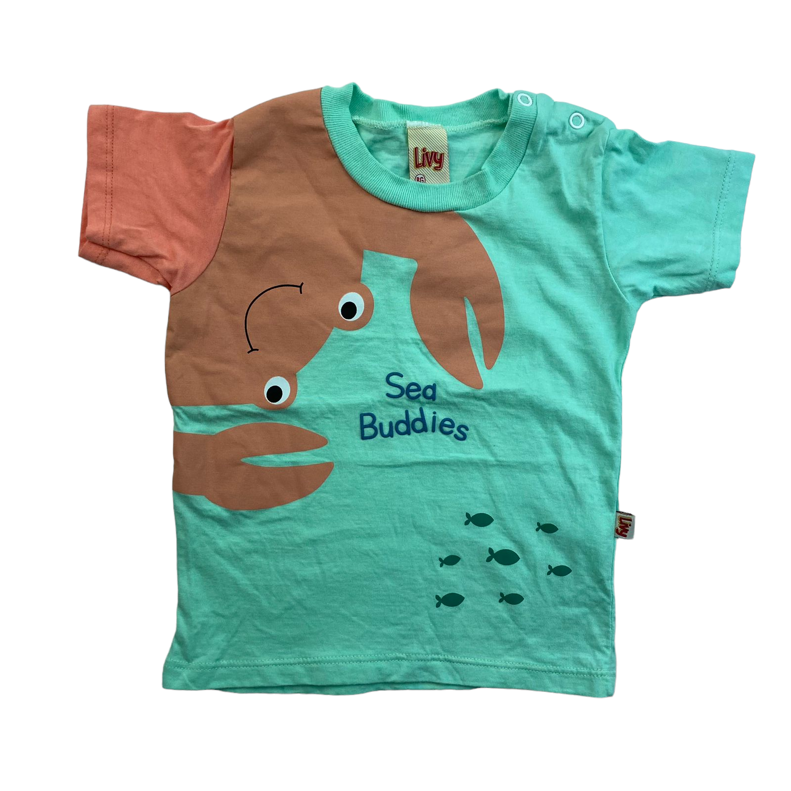 Polera turquesa con cangrejo "sea buddies" y peces