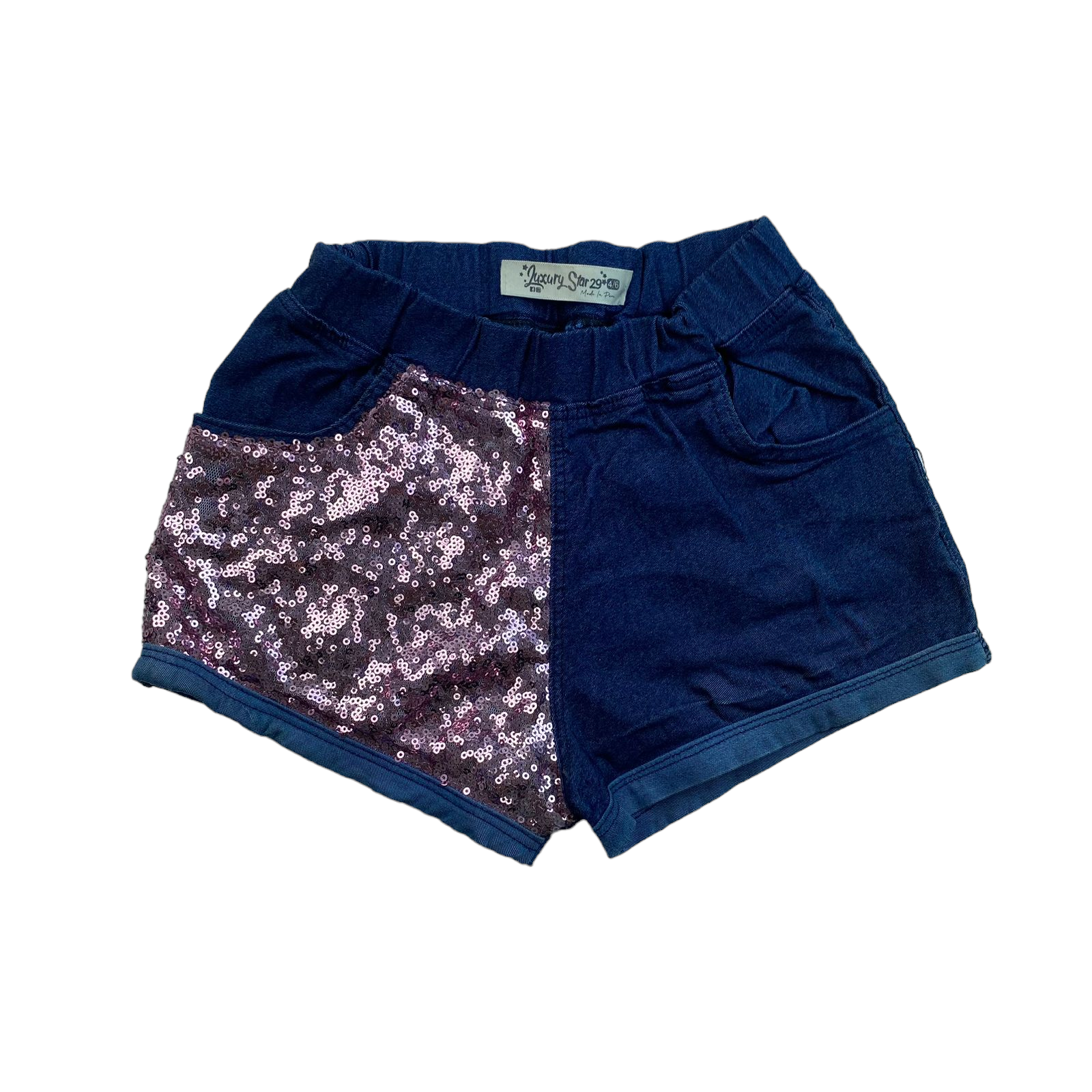 Short azul con mitad de lentejuelas rosadas