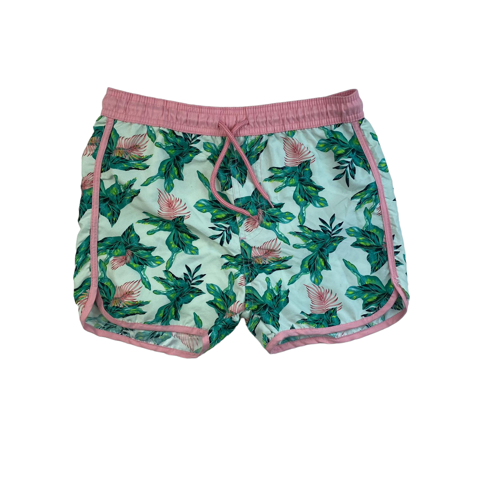 Short playero rosado con blanco floreado con pretina