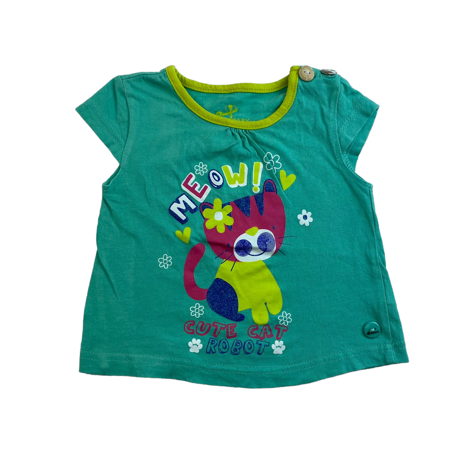 Polera turquesa con gato "Meow"