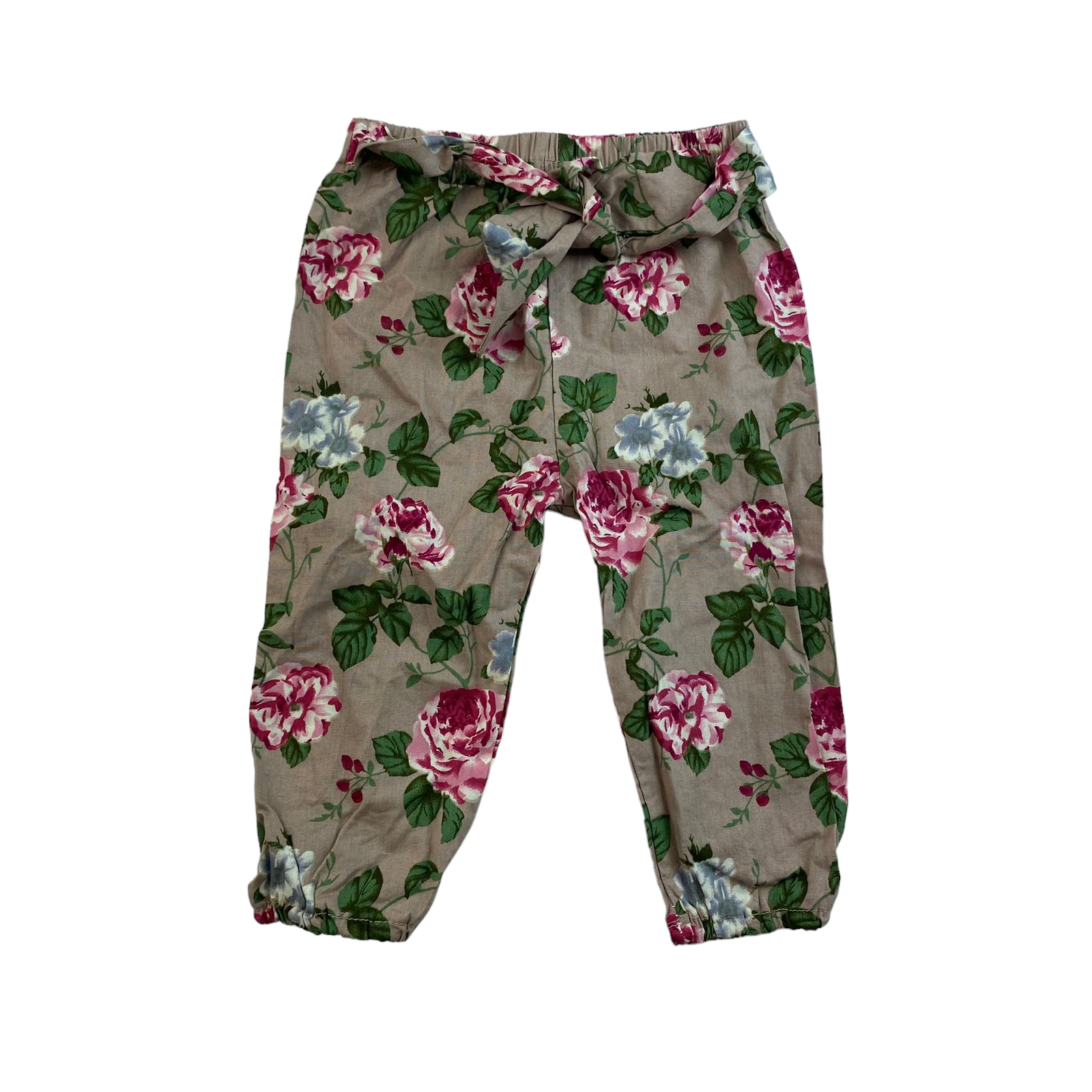 Pantalon cafe con flores fucsia y con pretina