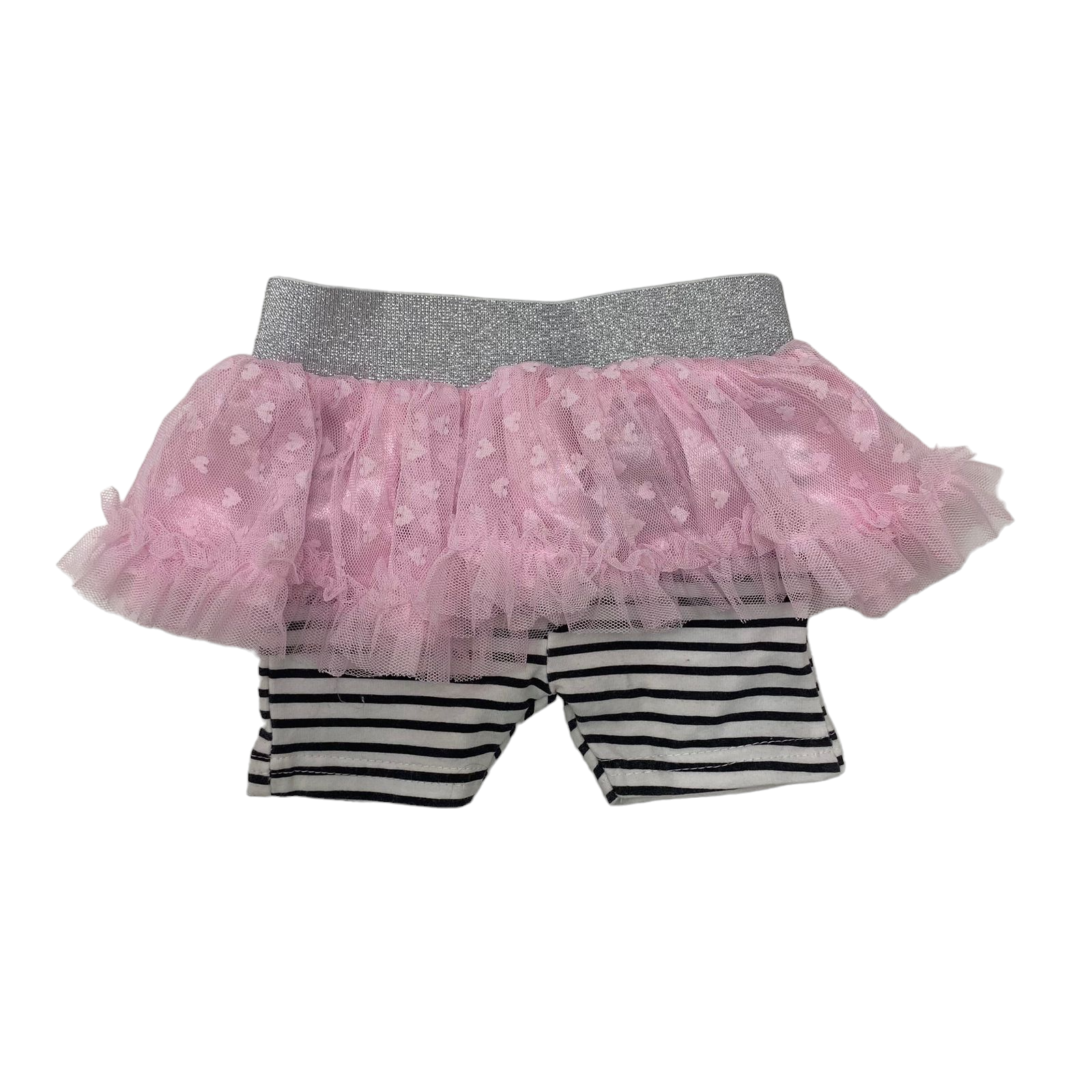 Short con rayas blancas y negras con tutu rosado y pretina plateada