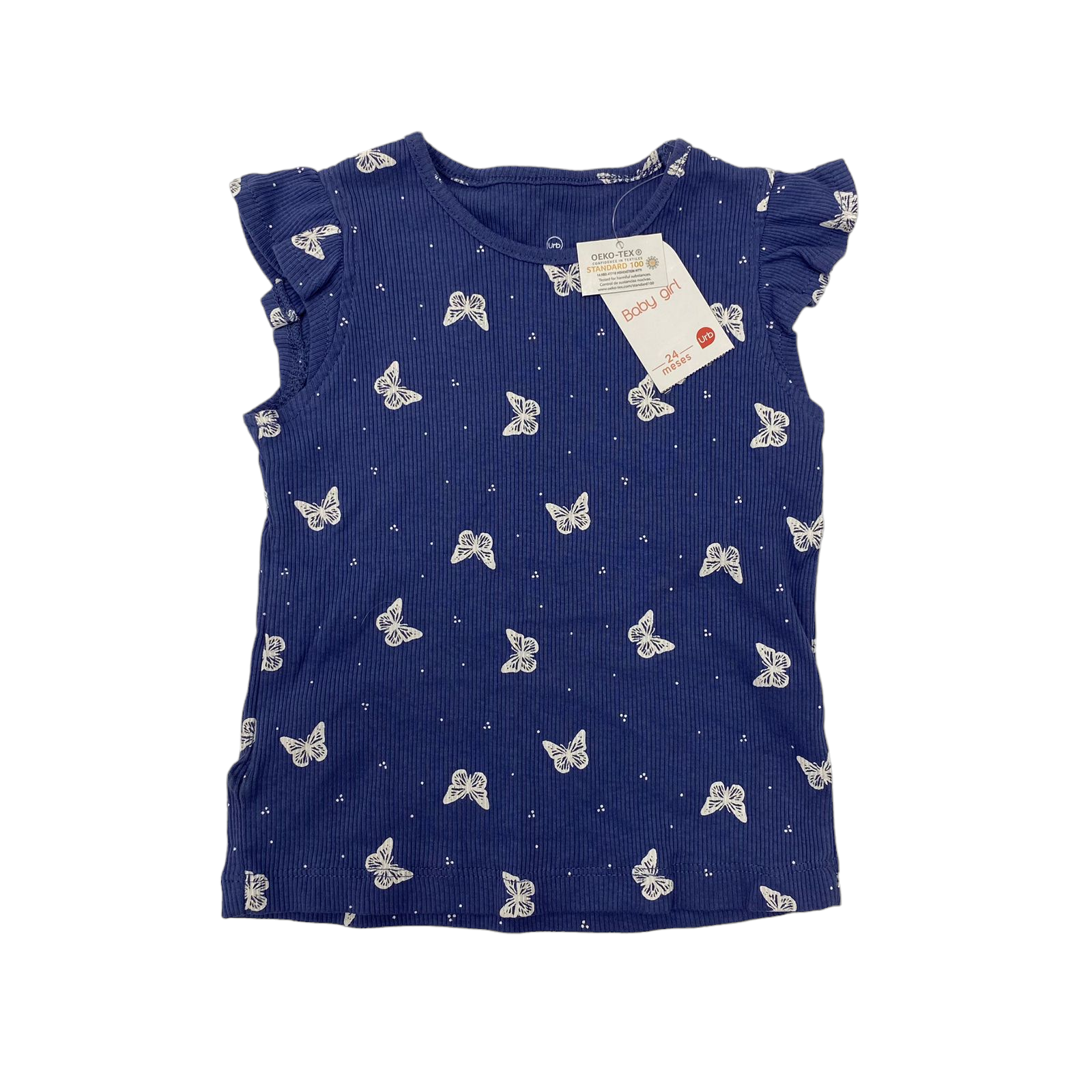 Polera azul con mariposa blancas con puntitos