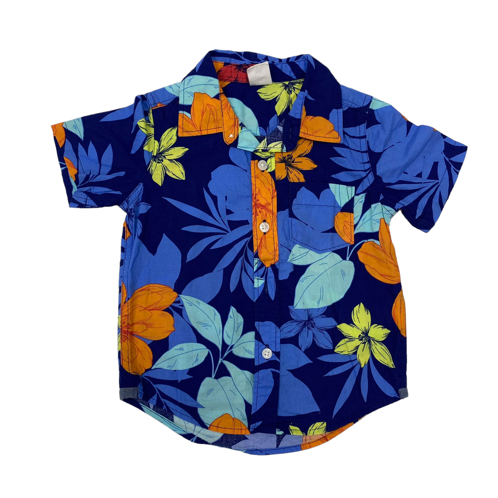 Camisa azul y naranjo floreada con bolsillo
