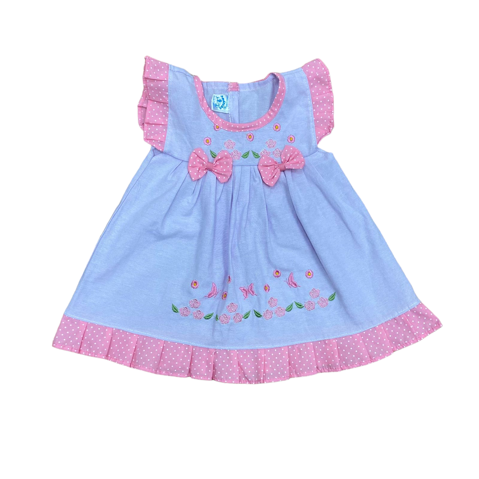 Vestido lila con rosado y puntos blancos con flores y mariposas