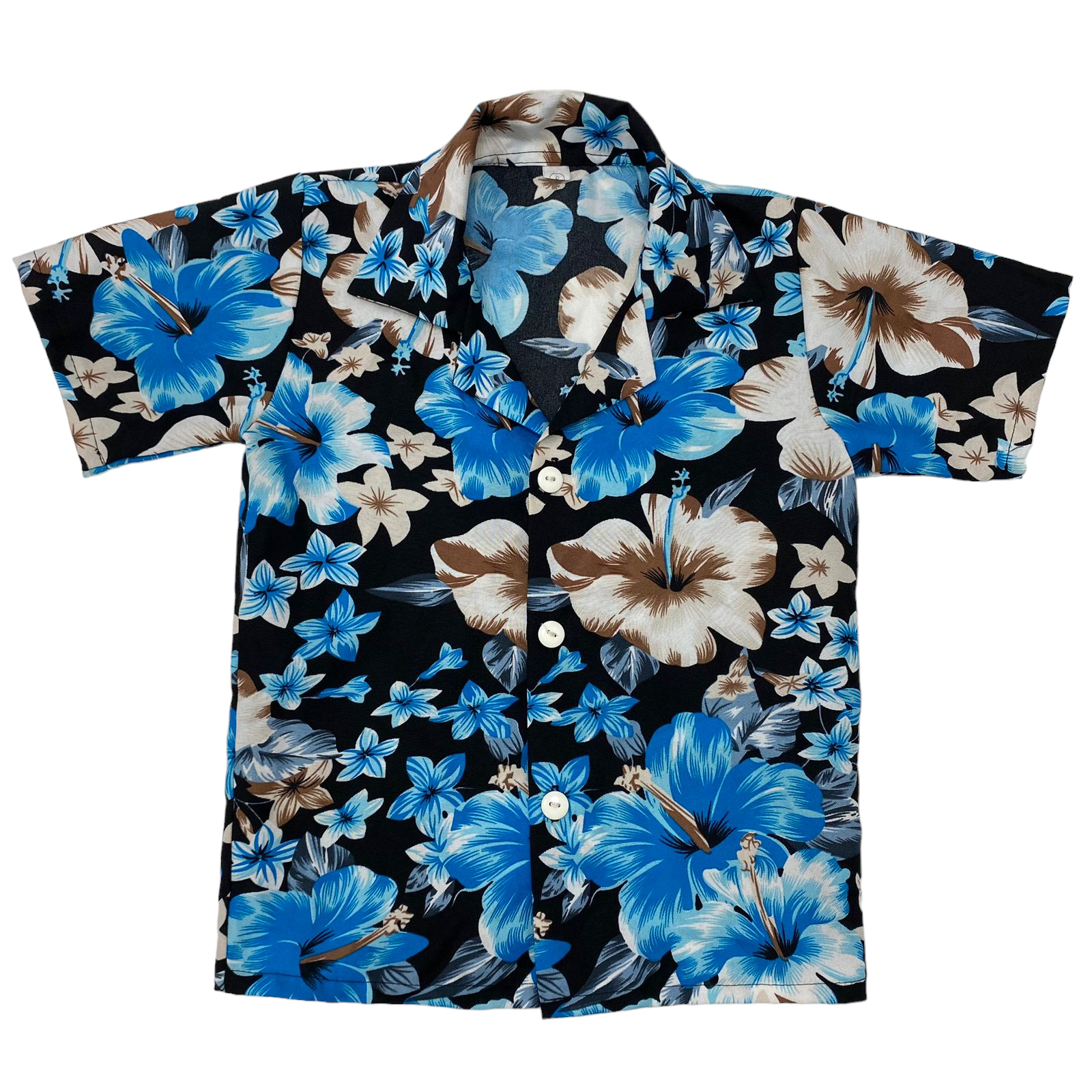 Camisa negra con diseño de flores azules y marrones tipo playero