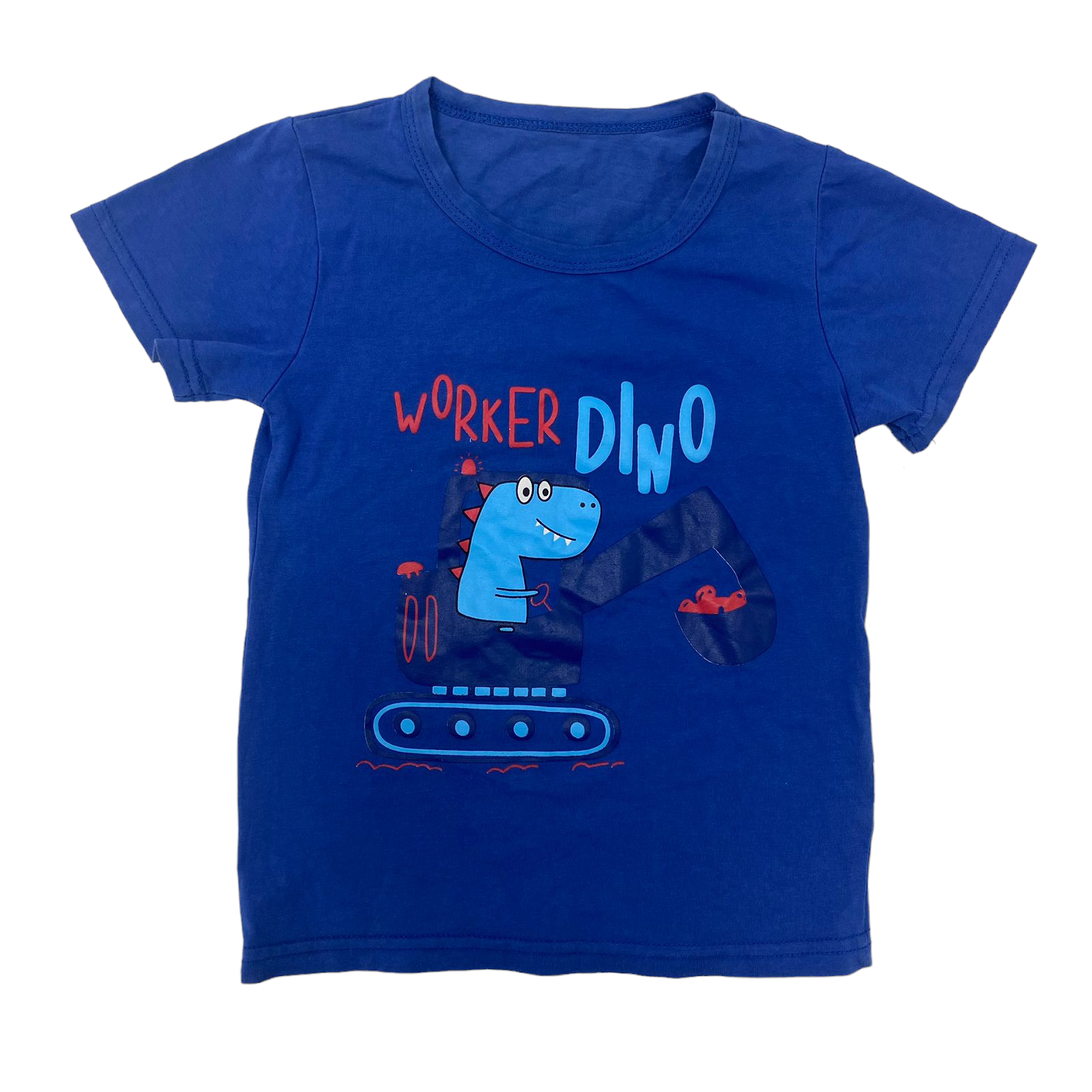 Polera azul con dinosaurio en una maquina "Worker Dino"