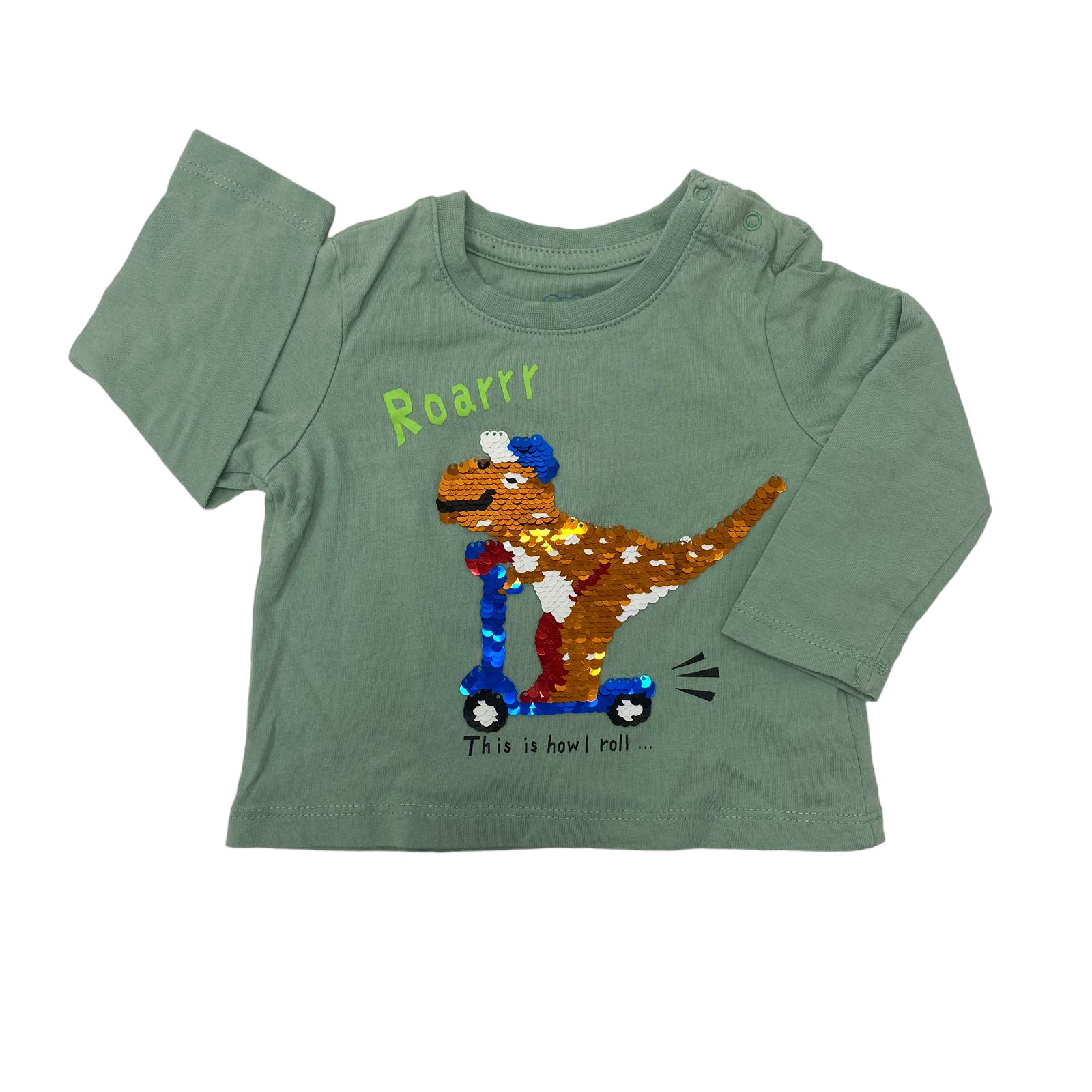 Polera manga larga verde con dinosaurio "Roarrr"