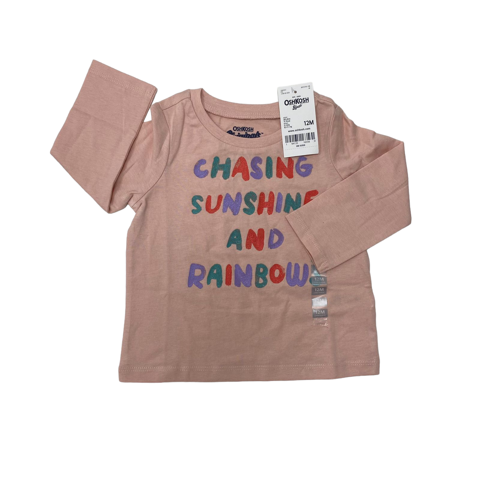 Polera manga larga rosada con letras de colores "Chasing"nueva con etiqueta