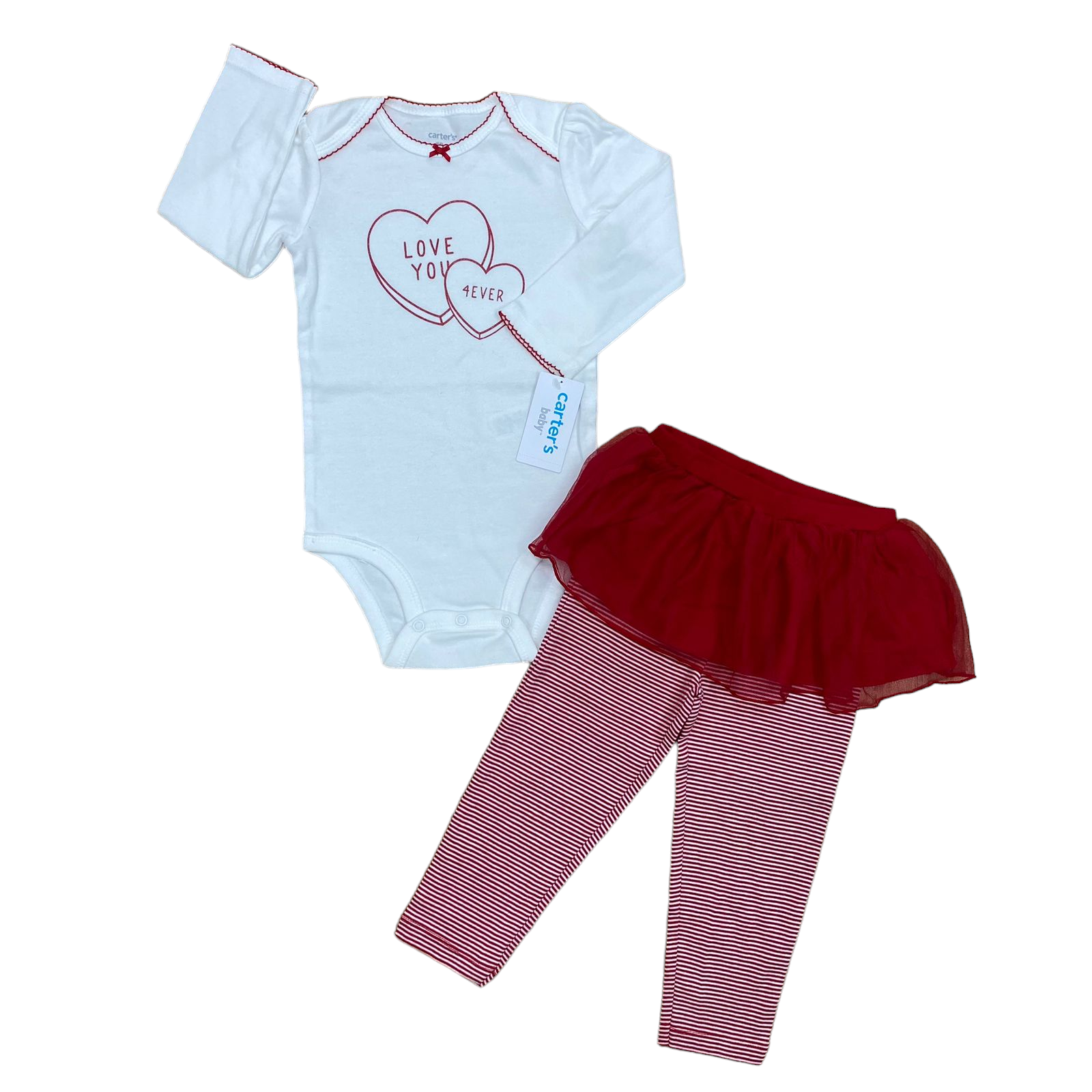 Conjunto de Body blanco con corazones y calza con tutu rojo y rayas blancas nuevo con etiqueta