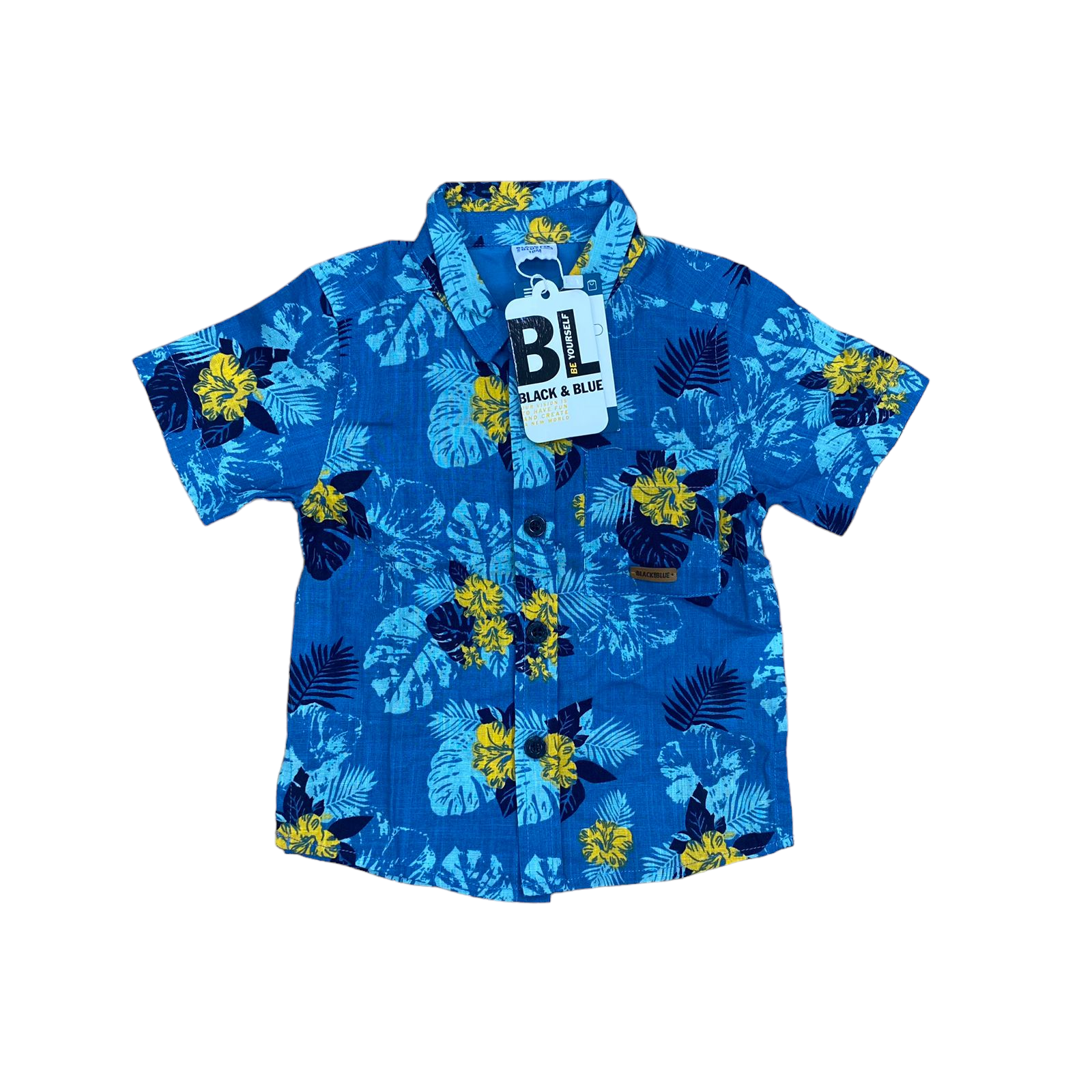 Camisa azul floreada con amarillo y bolsillo nueva con etiqueta