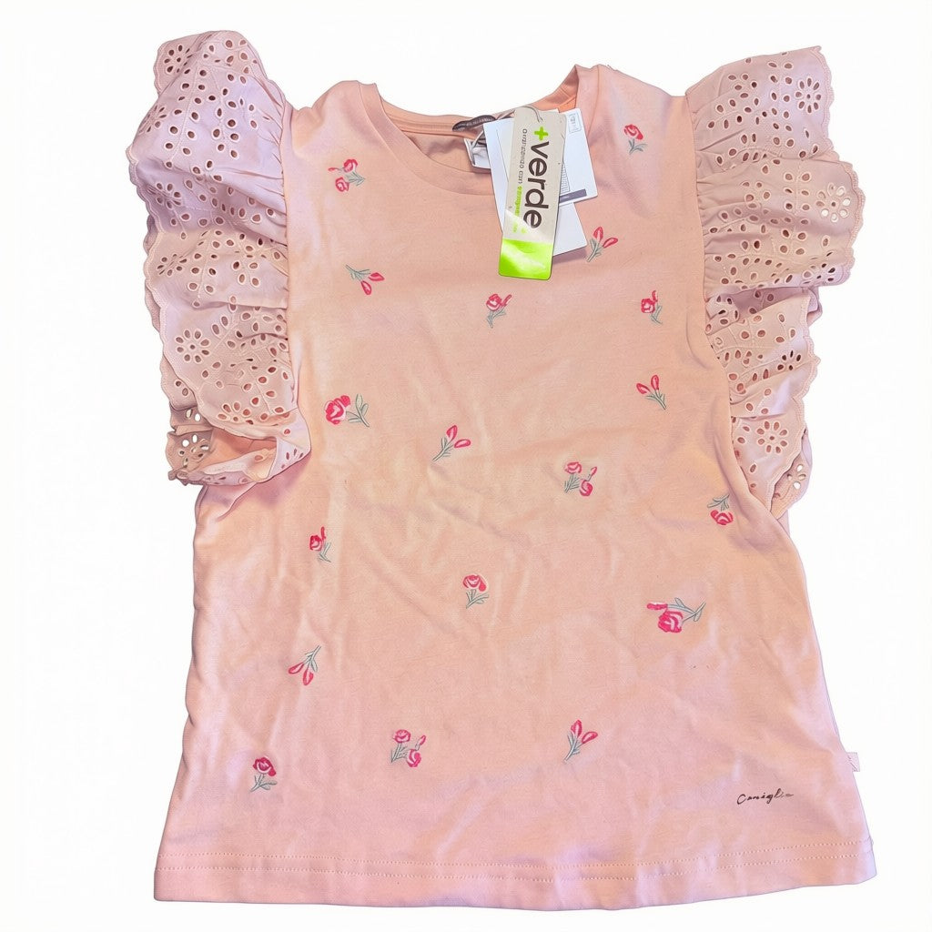 Polera Conigilio con etiqueta mangas de encaje  rosada con diseño de rosas