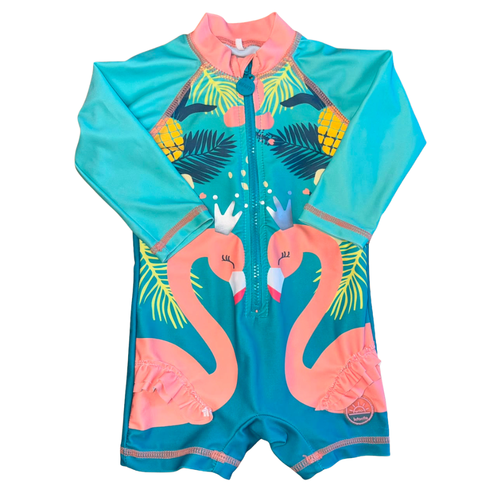 Traje de baño manga larga verde con diseño de flamencos y flores