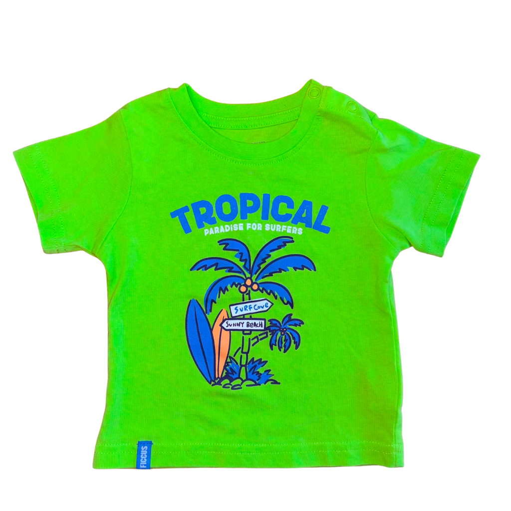 Polera verde lima con estampado surfero tropical