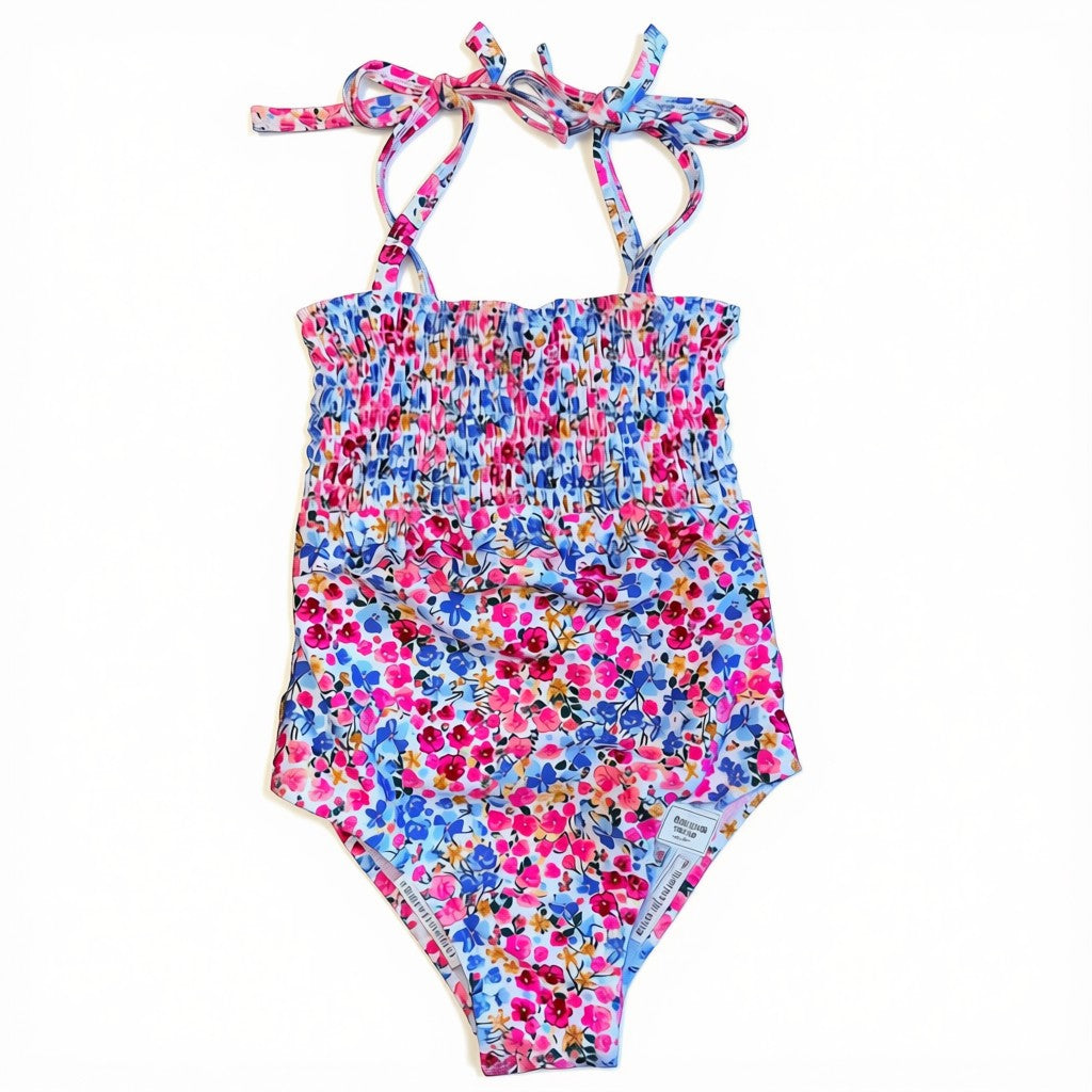 Traje de Baño Maria Pompon de tiras con flores azules, fucsia y rosadas