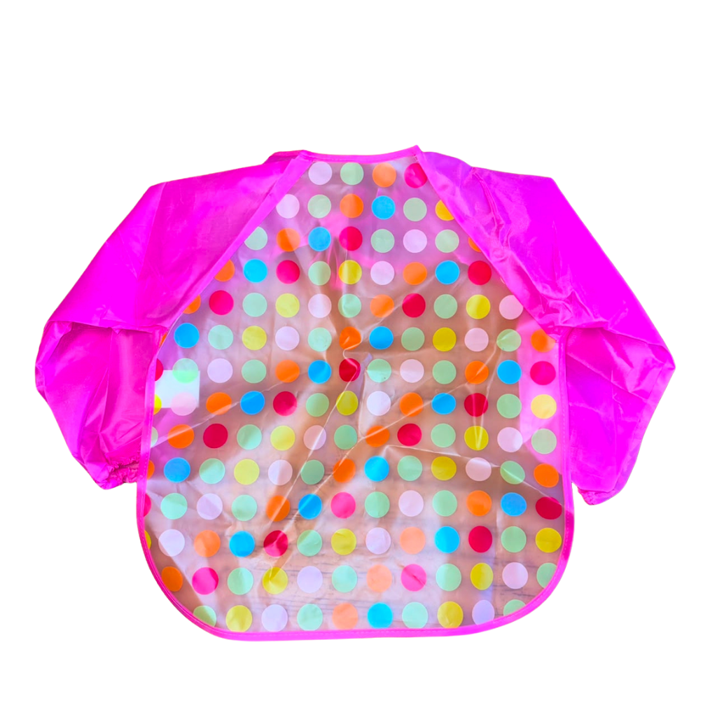 Delantal plastico rosado con diseño puntos de colores